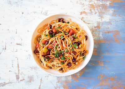 Spaghetti Arrabbiata di Mare (with anchovies, tuna, olives, spicy tomato sauce, capers and onion)