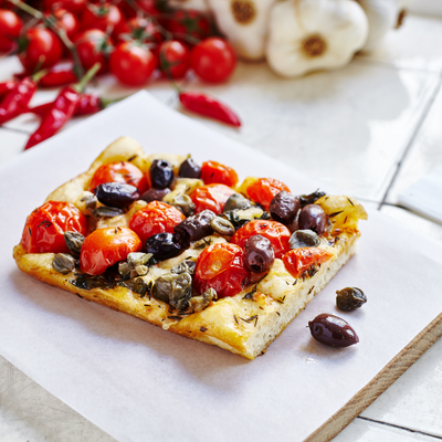Homemade Focaccia with Tomatoes, Olives and Capers