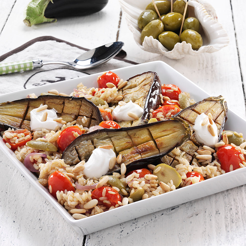 Roasted aubergines with brown rice and cherry tomatoes for #worldvegetarianday