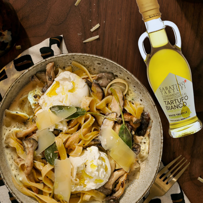 Wild Mushroom Pasta with Sabatino White Truffle Oil and Burrata