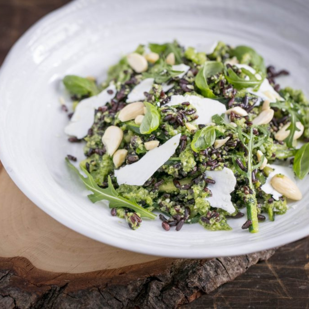 Black Rice Salad With Zucchini, Pesto, Almonds & Shaved Ricotta